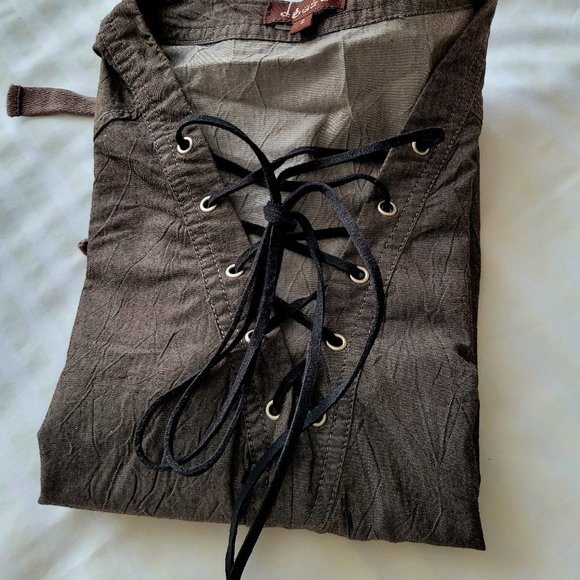 Abase Women's Tunic Shirt Lace Up * Khaki * 59% Cotton 3/4 * Bell Sleeve * Small - Picture 2 of 10